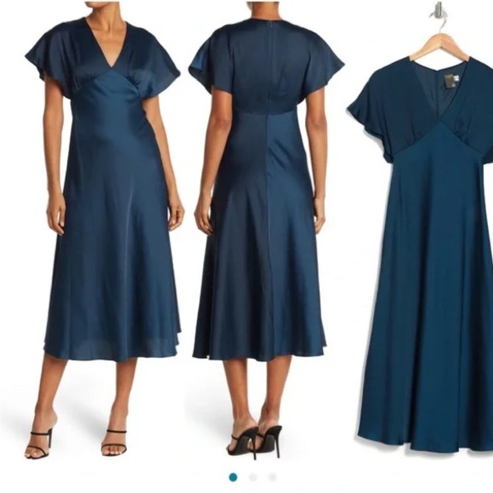 Dark Teal Blue Flowy Crepe Plunging V-Neck Flutter Sleeve A-Line Midi Dress